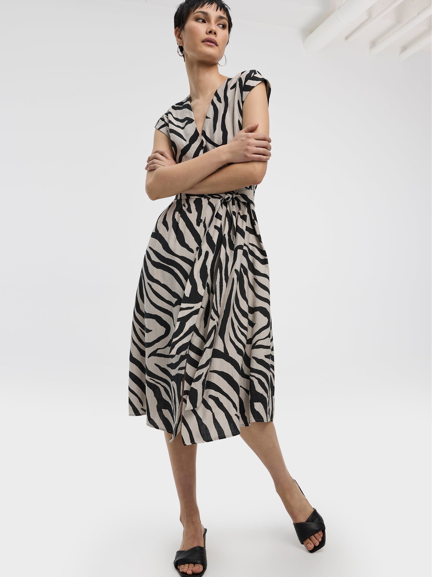 Extended-Sleeve V-Neck Belted Dress