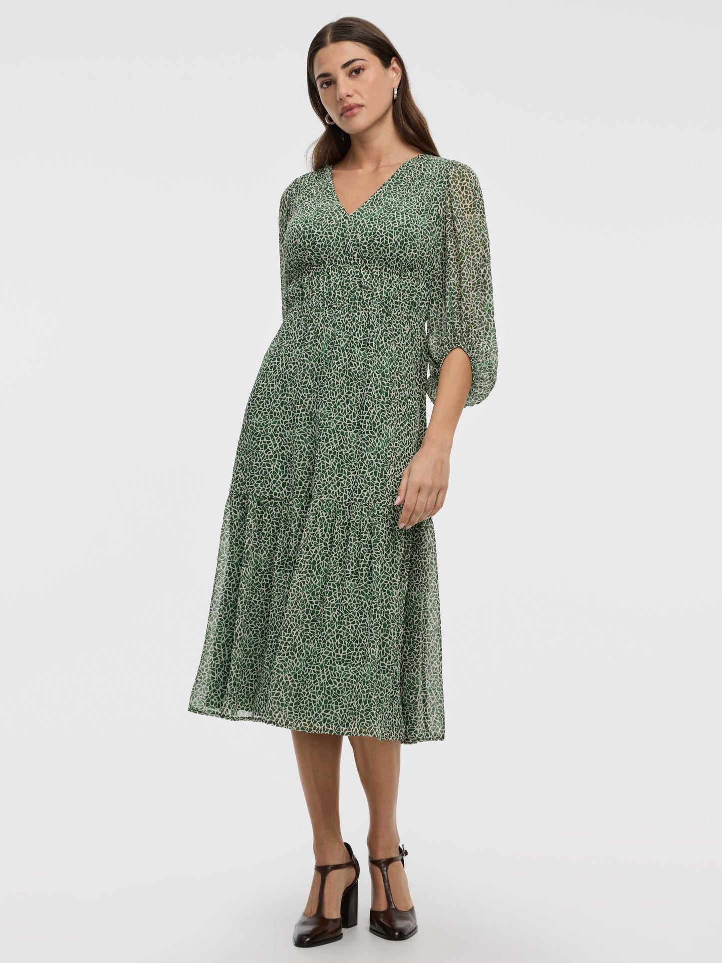 V-Neck Empire Midi Dress with Sheer Sleeves